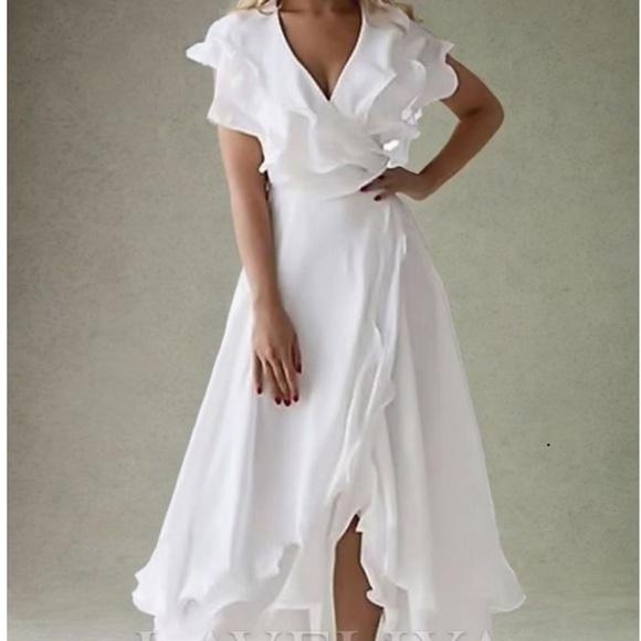 White Aline V neck Ruffle dress - Picture 1 of 3